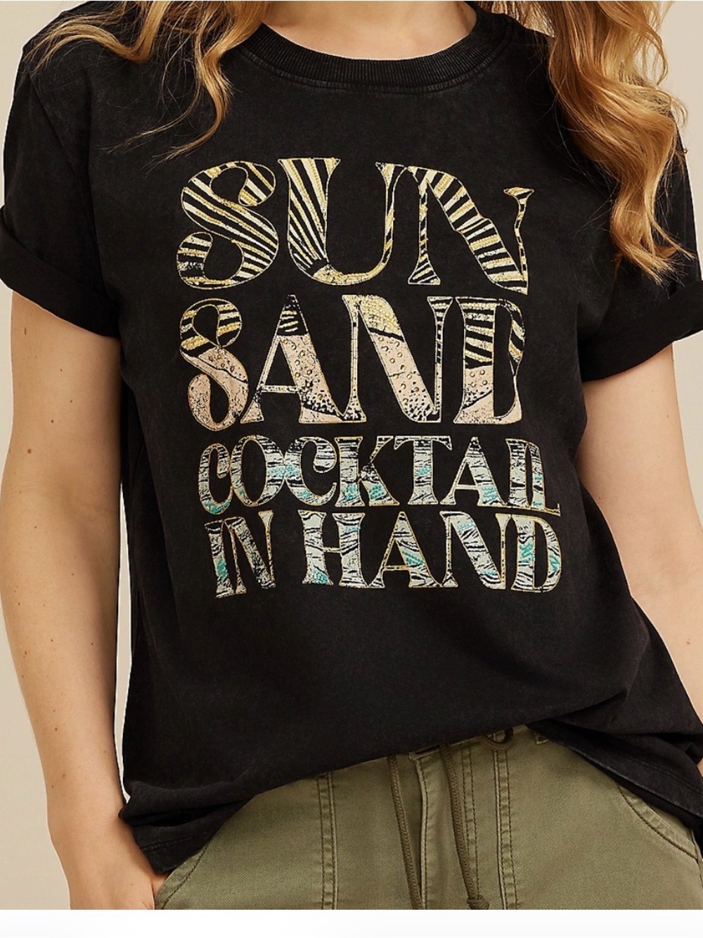 Black Graphic Tee - "Sun Sand Cocktail In Hand"